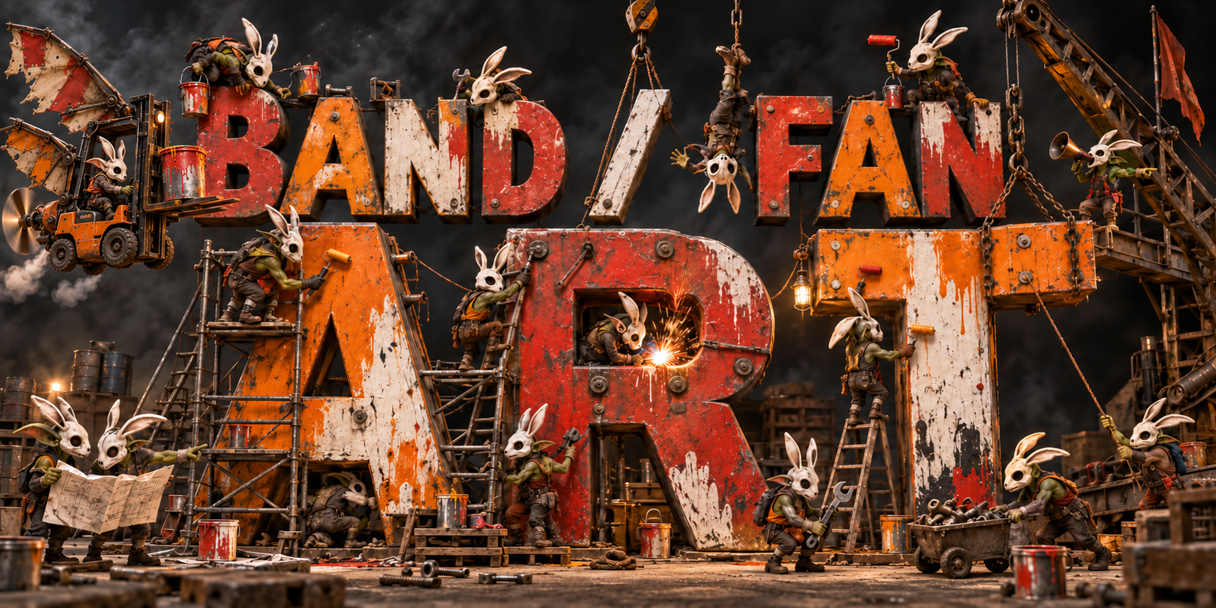 A crew of tiny rabbit-masked Chaos goblins builds the words Band Fan Art with scaffolding, a crane and a flying forklift.