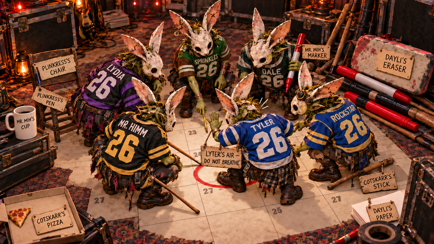 Six rabbit-masked Chaos goblins in band-member jerseys huddle over a giant floor calendar while planning with oversized markers, pushing sticks and an eraser.