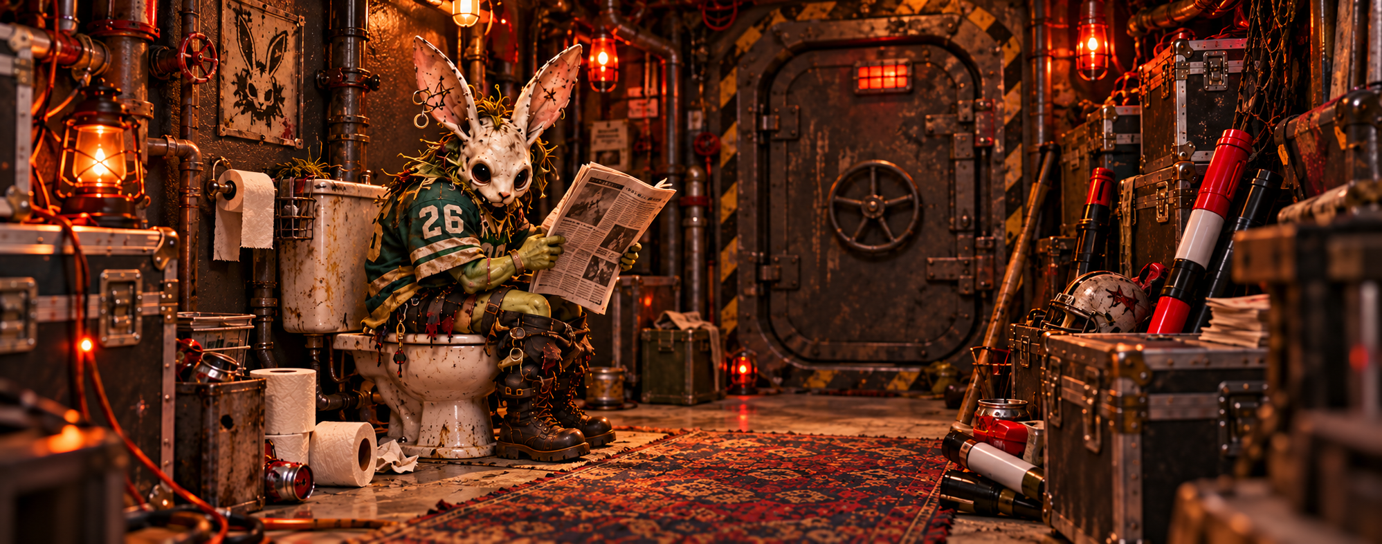 A surprised rabbit-masked Chaos Goblin reading a newspaper while sitting on a toilet inside a cluttered underground bunker.