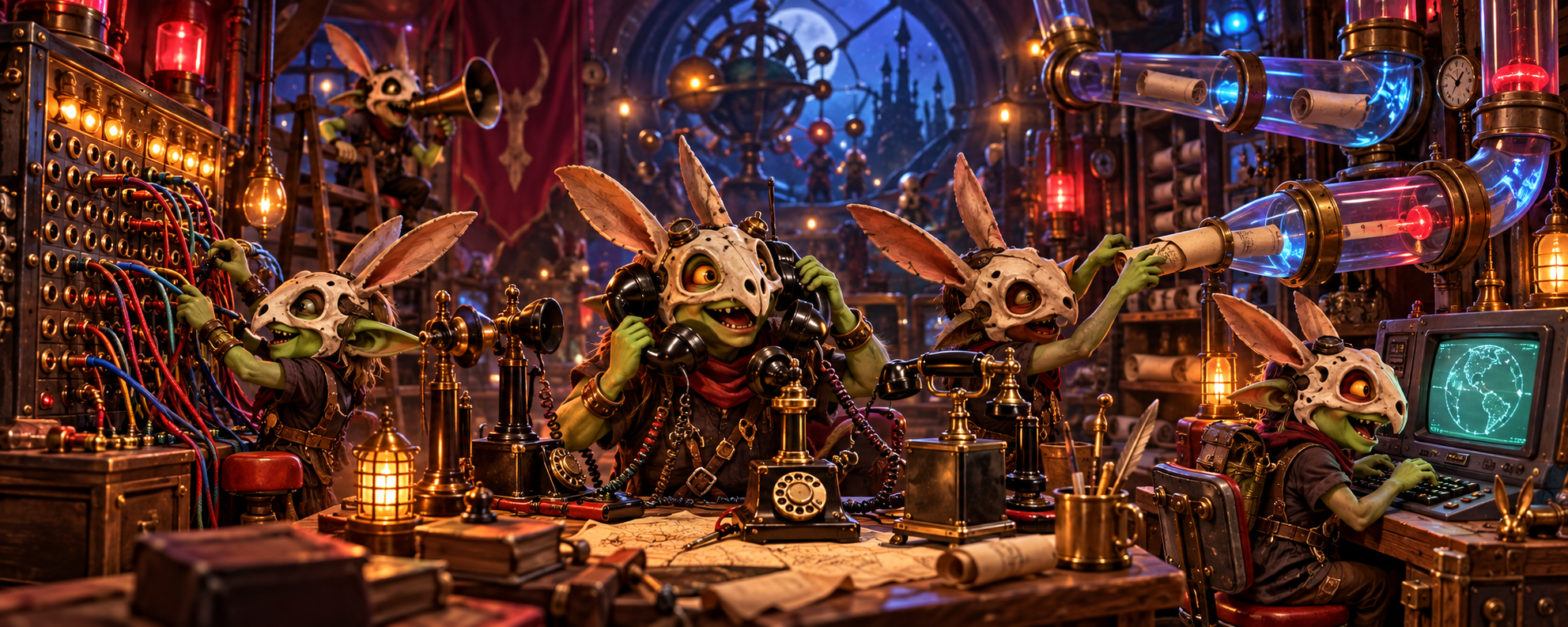Chaos Goblins operate a wildly complicated room of telephones, switchboards, message tubes and communication equipment.