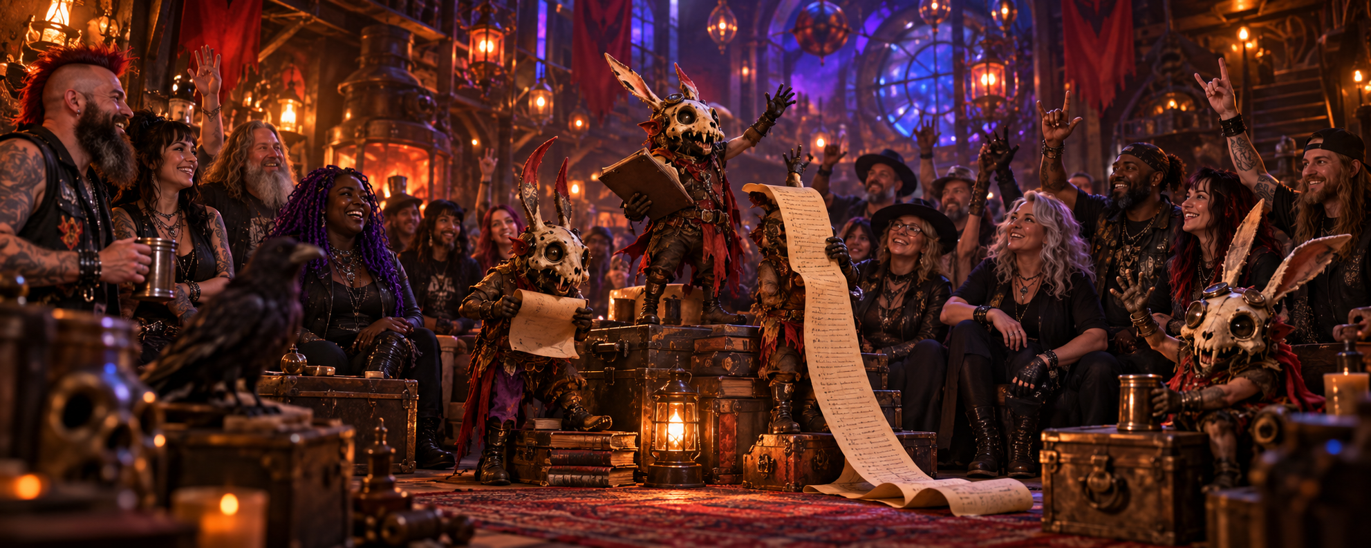 Chaos Goblins conduct a lively roll call among a welcoming crowd of Uncle Chaos fans inside a strange workshop.