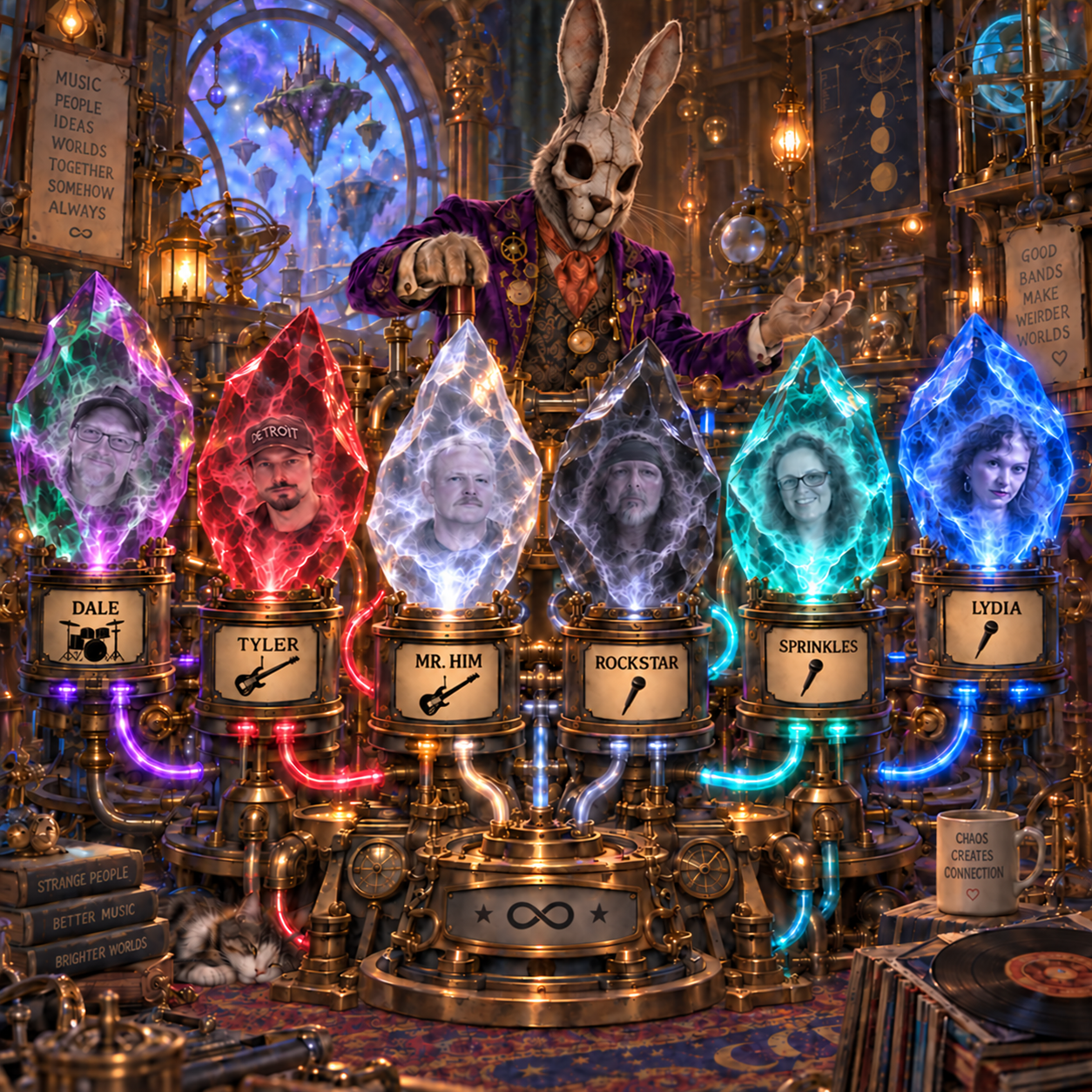 Uncle Chaos at his strange machine with six glowing crystals containing the ghostlike faces of Dale, Tyler, Mr. Him, Rockstar, Sprinkles and Lydia.